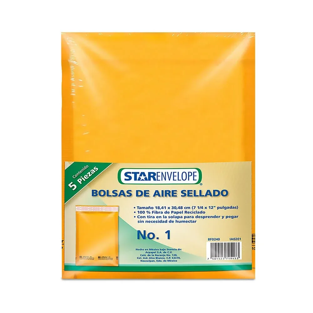 Paquete con 5 piezas de sobres Kraft, bolsas con burbujas 18.41 x 30.48cm / bf0240 / ia0201