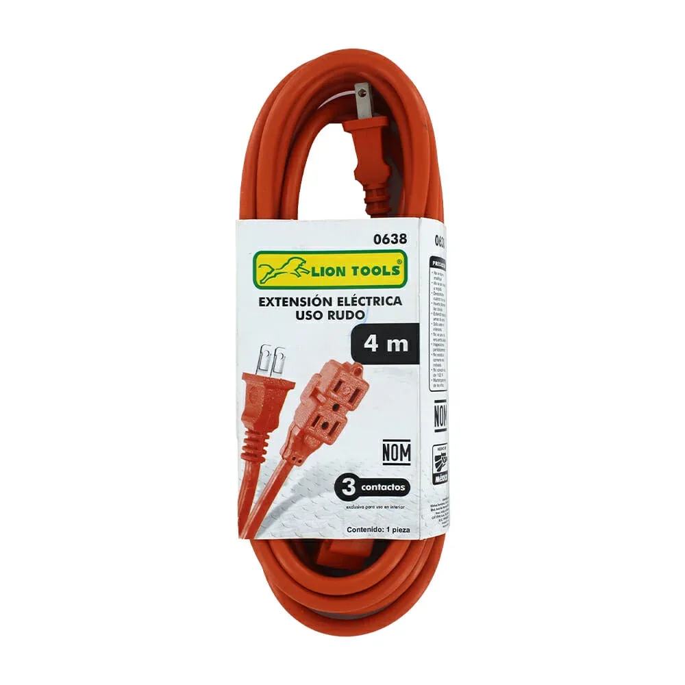 Extensión naranja lion tools calibre 16 awg de 4 metros con 3 contactos para uso rudo / 0638