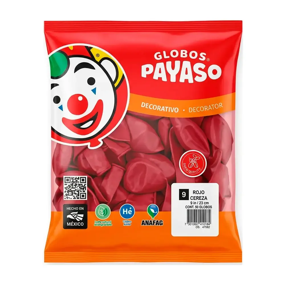 Paquete con 50 globos payaso de 9 pulgadas en tono rojo cereza / 415184