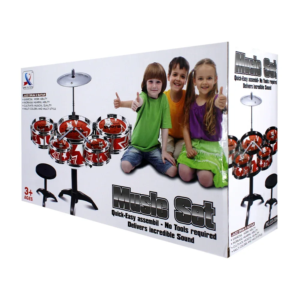 Batería de juguete infantil music set con platillo, banco y 5 tambores diseño de estrellas, variedad de colores / 333-009