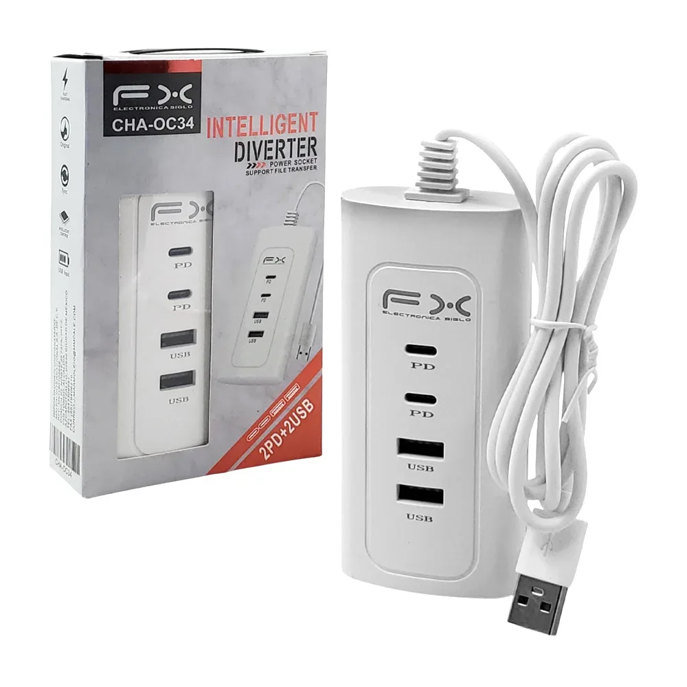 Hub fx cargador, multifuncional, carga rápida, 2 puertos usb-c y 2 puertos usb