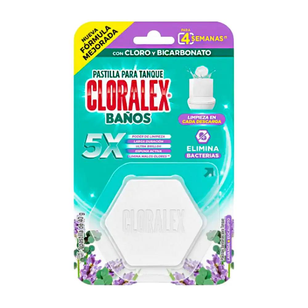 1pza Pastilla cloralex para tanque de baño con cloro y bicarbonato, aroma lavanda y eucalipto, 40g