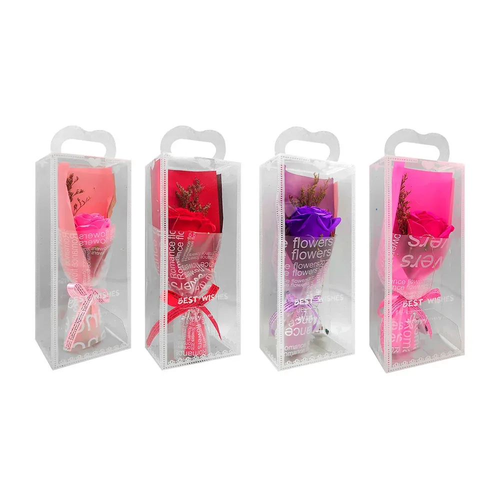 Caja transparente con ramo pequeño de 1 rosa con luz led, variedad de colores