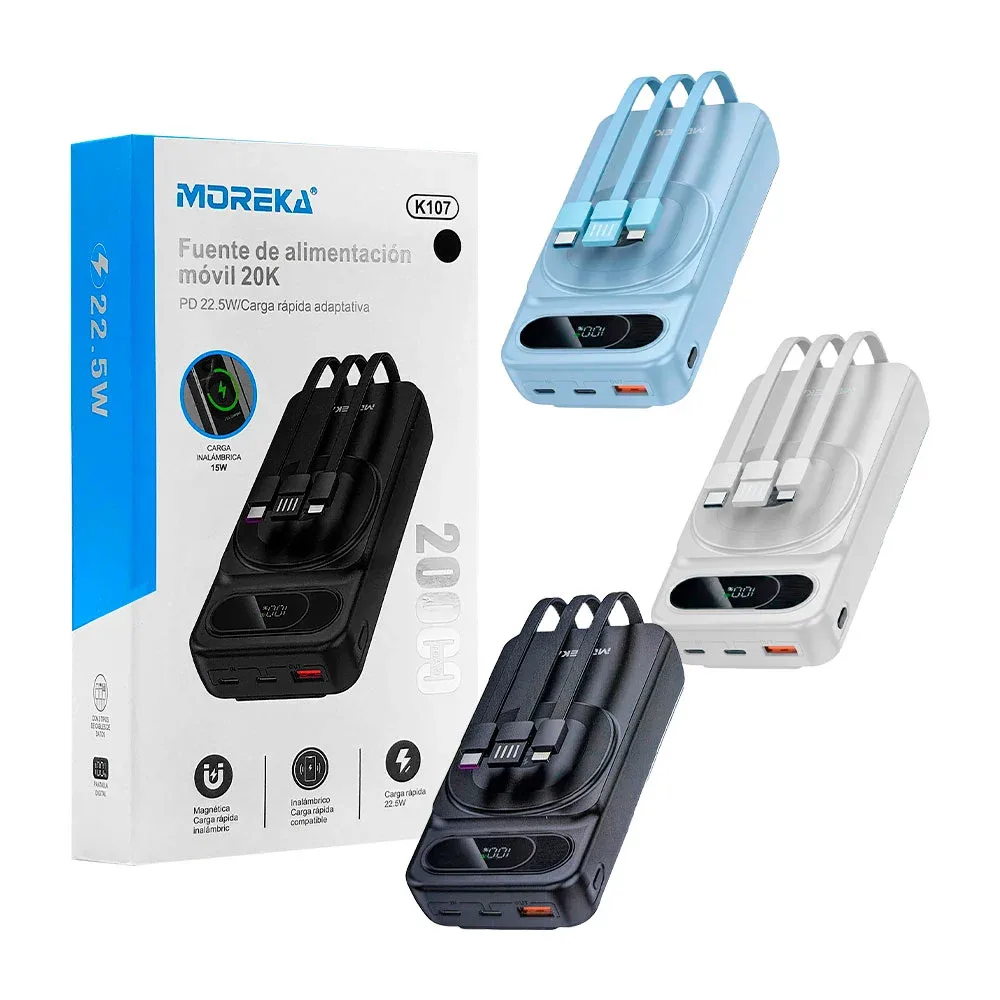 Power bank moreka, 20000 mah, pantalla digital, magsafe, carga inalámbrica 15w