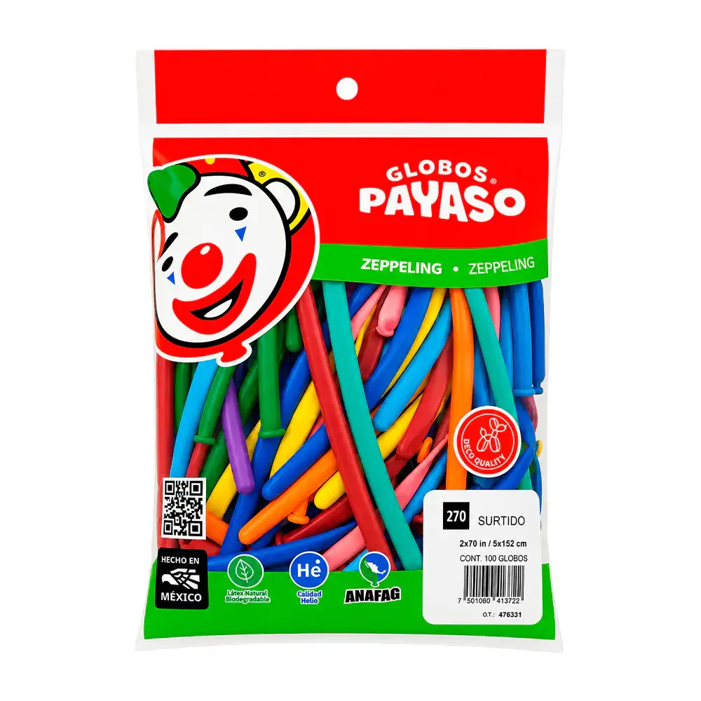 Paquete con 100 globos payaso no. 270 gusano - zeppelin, tonos surtidos / 413722