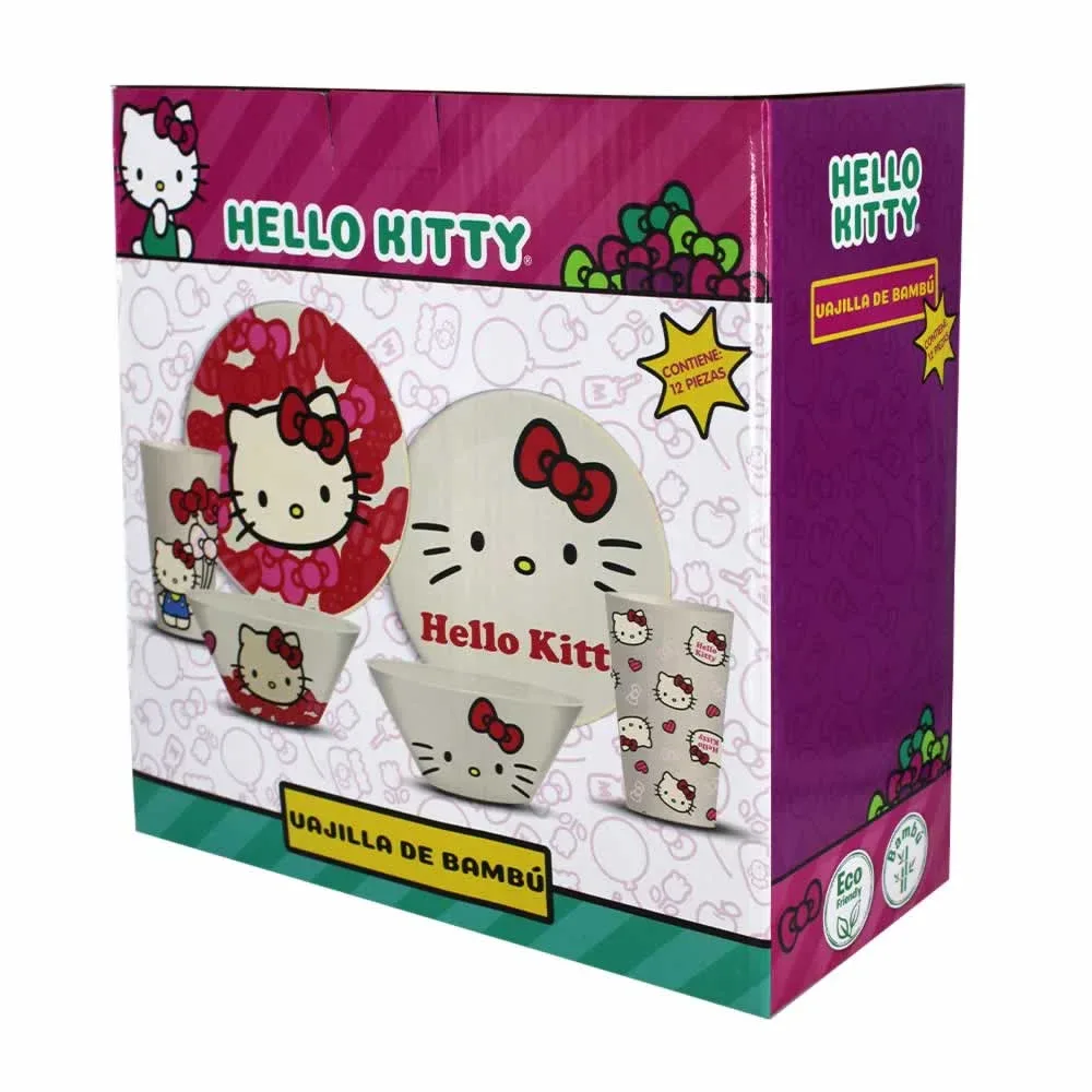 Vajilla coleccionable de bambú con diseño de hello kitty 12pzas (remate por detalles)