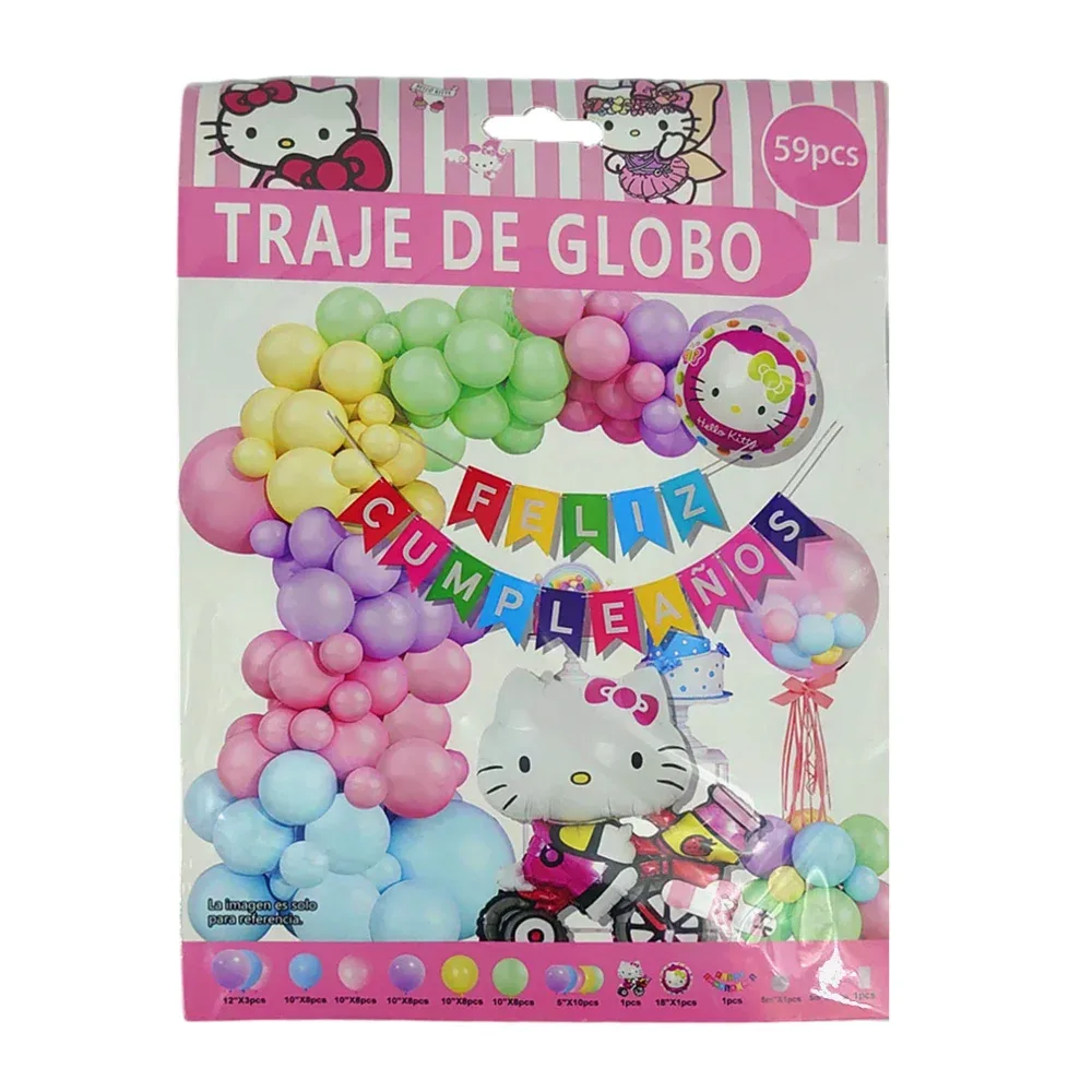 Kit decorativo hello kitty de 59pcs / 40 globos de 10, 10 globos de 5, 3 globos de 12, 2 globos metálicos, letrero móvil, cadena de globo, curly y pegatinas para globo / 60809