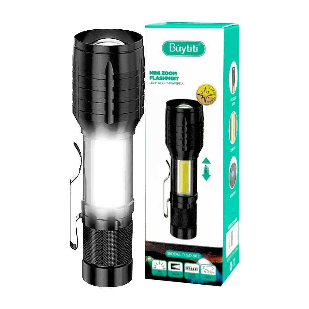 Mini linterna táctica recargable con luz led lateral, correa, ángulo ajustable, modos de iluminación