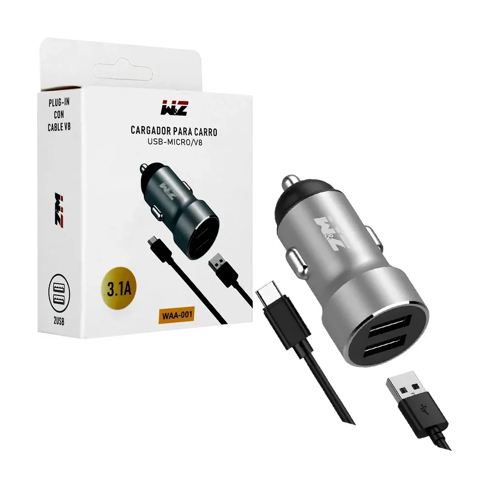 Cargador para coche / carro con 2 puertos usb y un cable usb-micro / tipo c / waa001 / 5046439