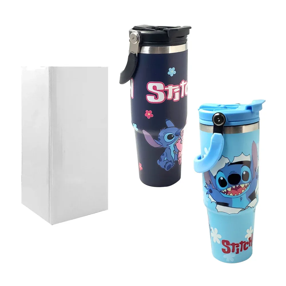 Termo tipo vaso, 30oz, doble boquilla, asa ergonómica, estampado de personajes