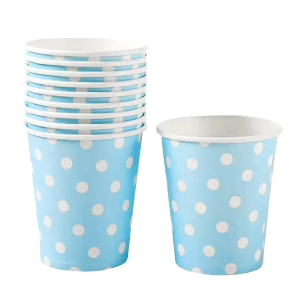 Paquete con 10 vasos de papel reino fiesta, color azul con lunares blancos, 9oz