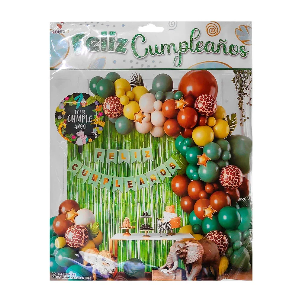 Set decorativo feliz cumpleaños, 61pz temática de safari + cortina decorativa