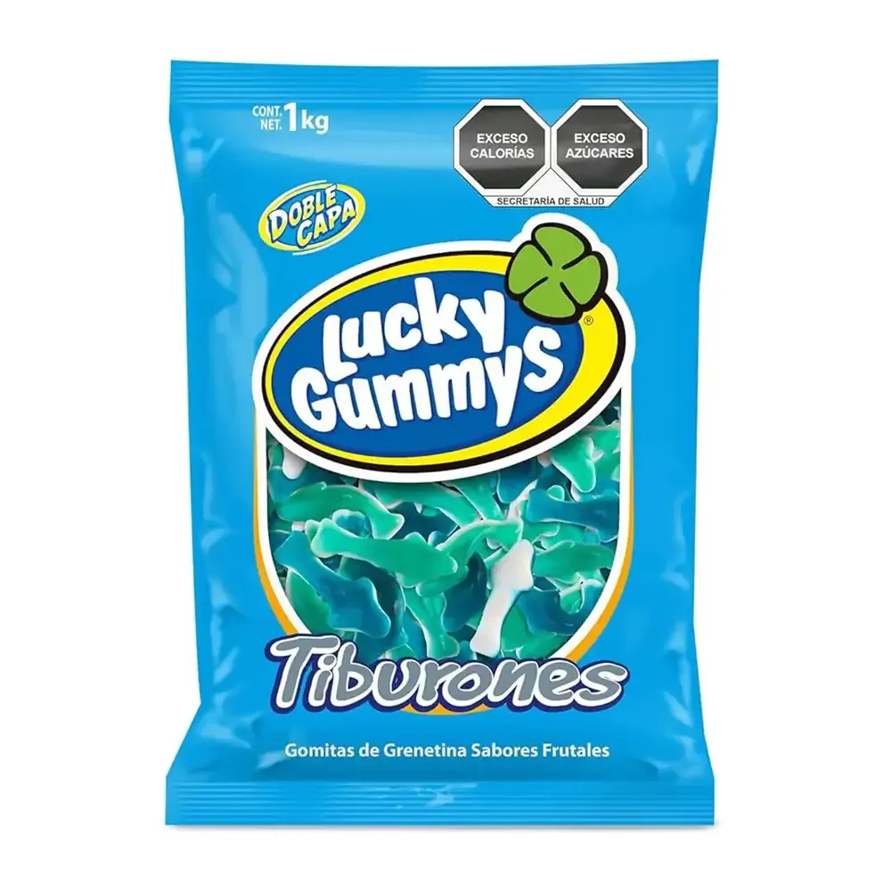 Bolsa con 1kilo de gomitas tiburones lucky gummy en sabores frutales con doble capa / 100243