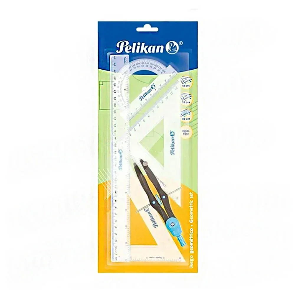 Juego de geometría pelikan 1 regla, 2 escuadras, 1 transportador + compás