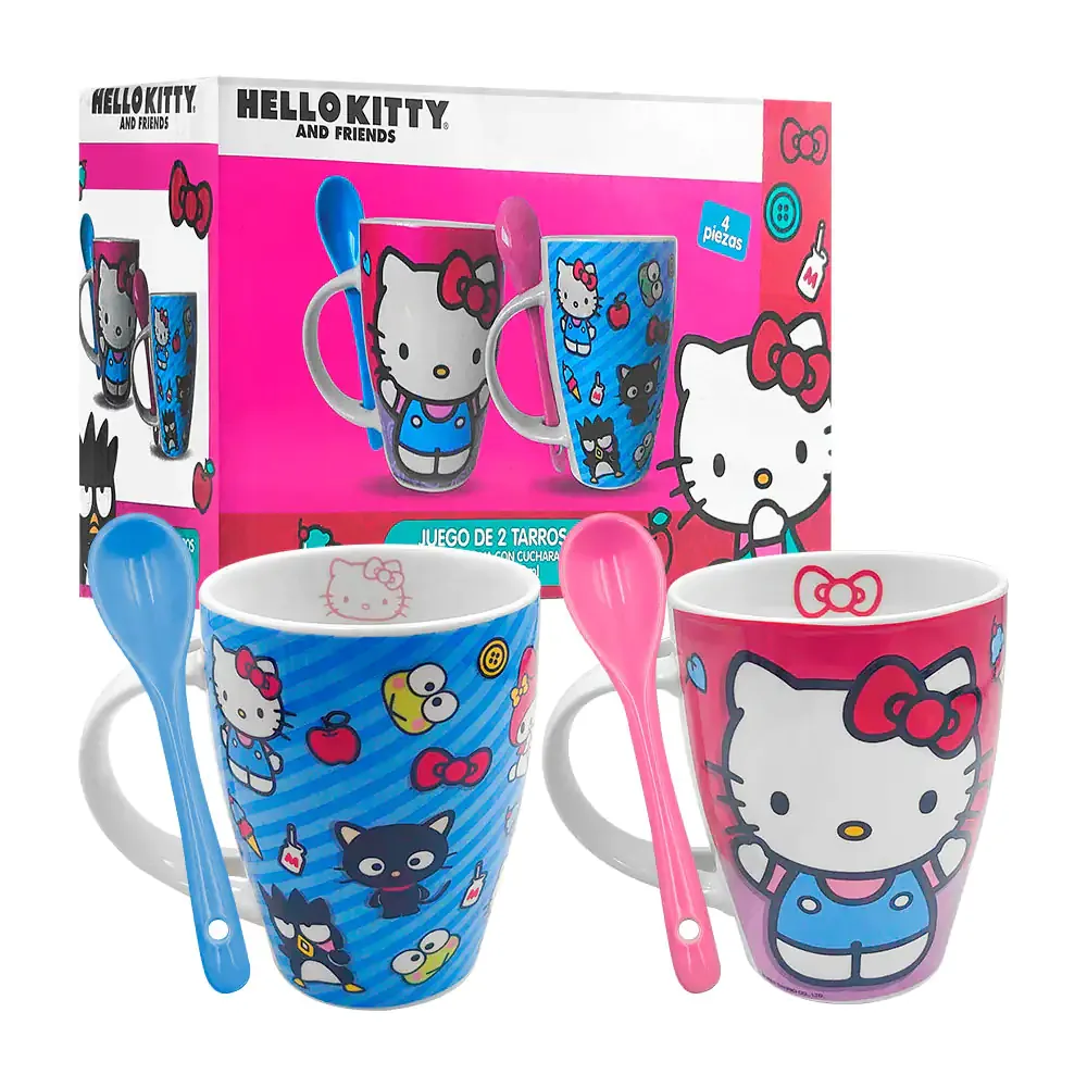Juego con 2 tazas de porcelana con estampado de hello Kitty + cuchara, 310ml