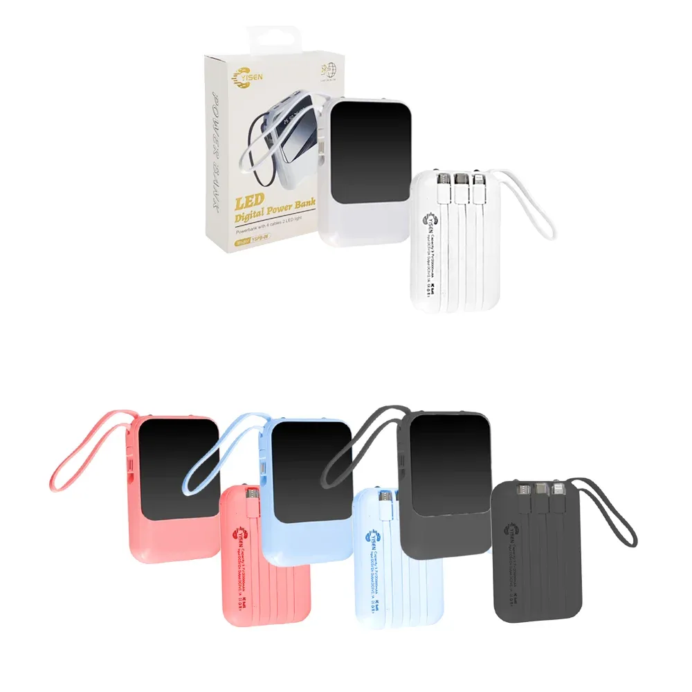 Power bank con pantalla digital, yisen, 4 cables + luz + accesorios, variedad