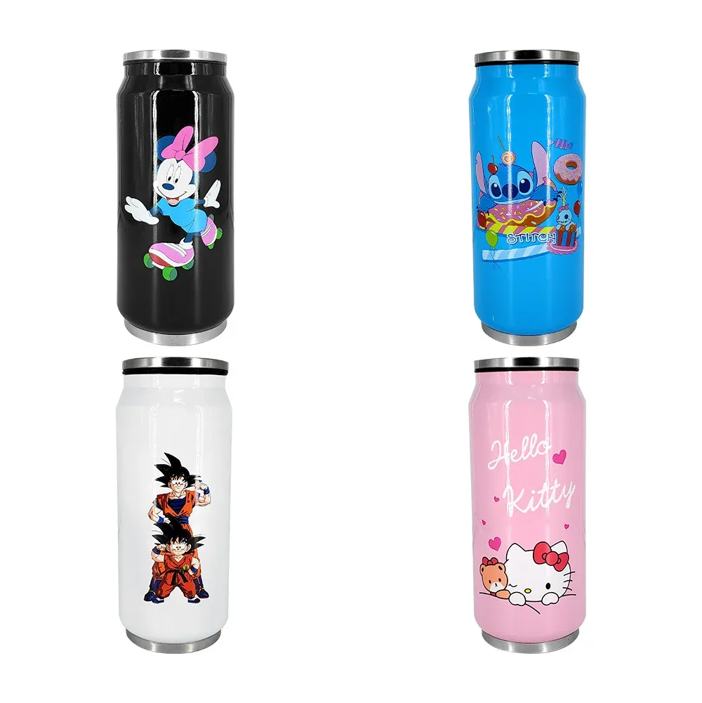 Termo botella en forma de lata de acero inoxidable con capacidad de 500ml + estampado de hello kitty sanrio, minnie o stitch, variedad de diseños / 90321