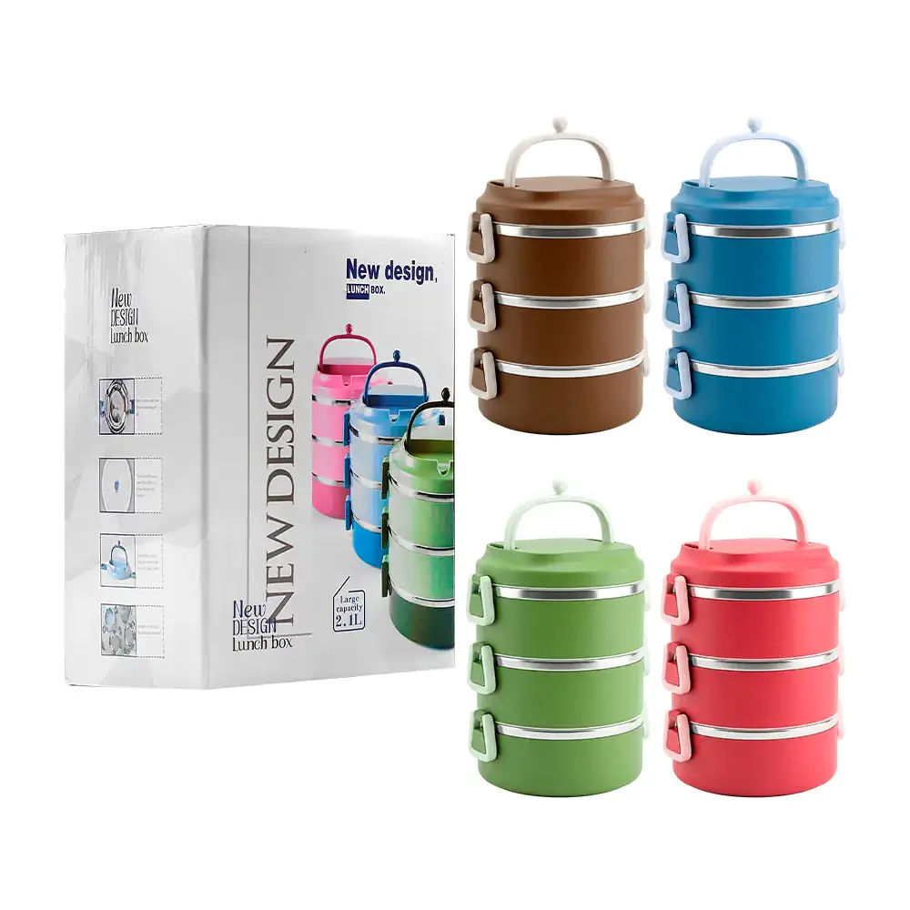 Tupper circular de acero inoxidable 3 en 1 con cierre hermético y asa, 2.1l
