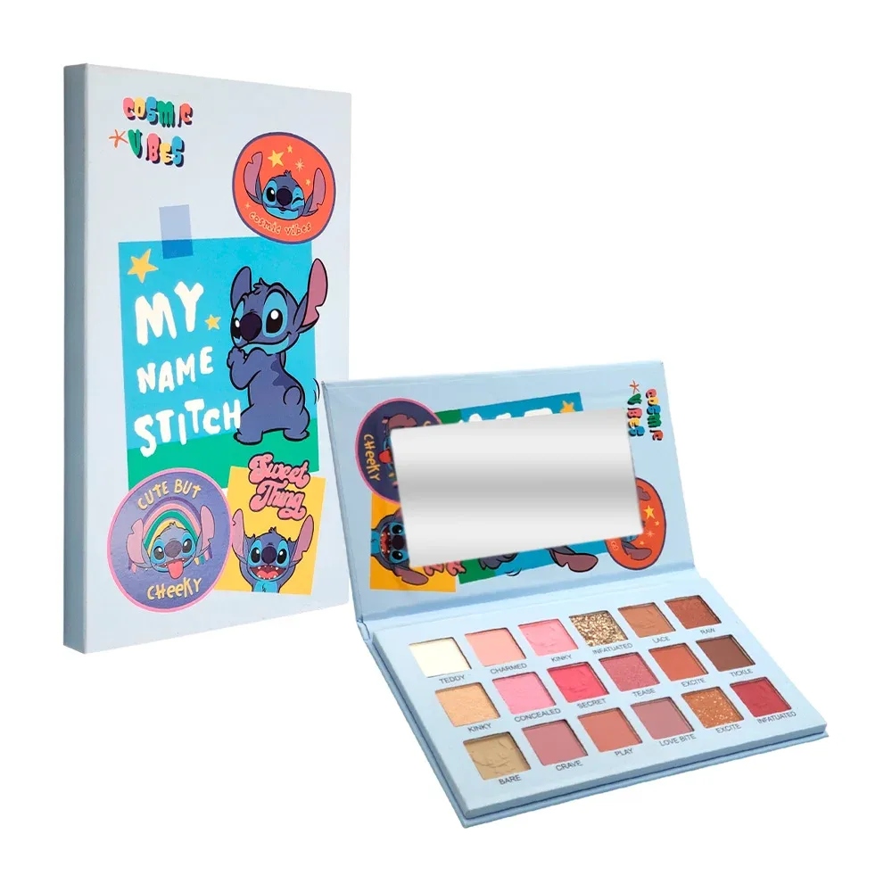Paleta de 18 sombras y espejo con estampado de stitch, variedad de terminados