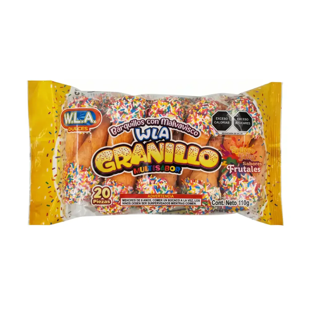 Bolsa con 20pzas de barquillo con granillo y malvavisco relleno de jalea, 110g, variedad de sabores
