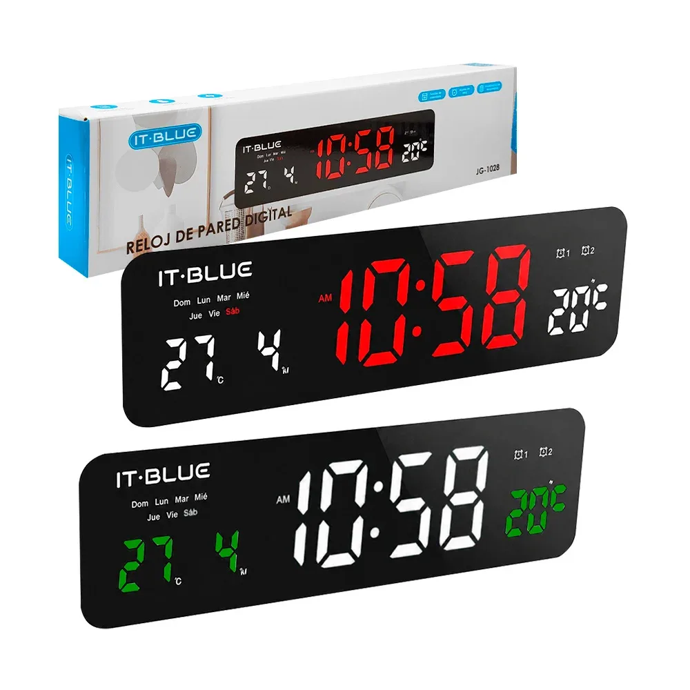 Reloj digital de pared con visualización de temperatura, calendario y alarma