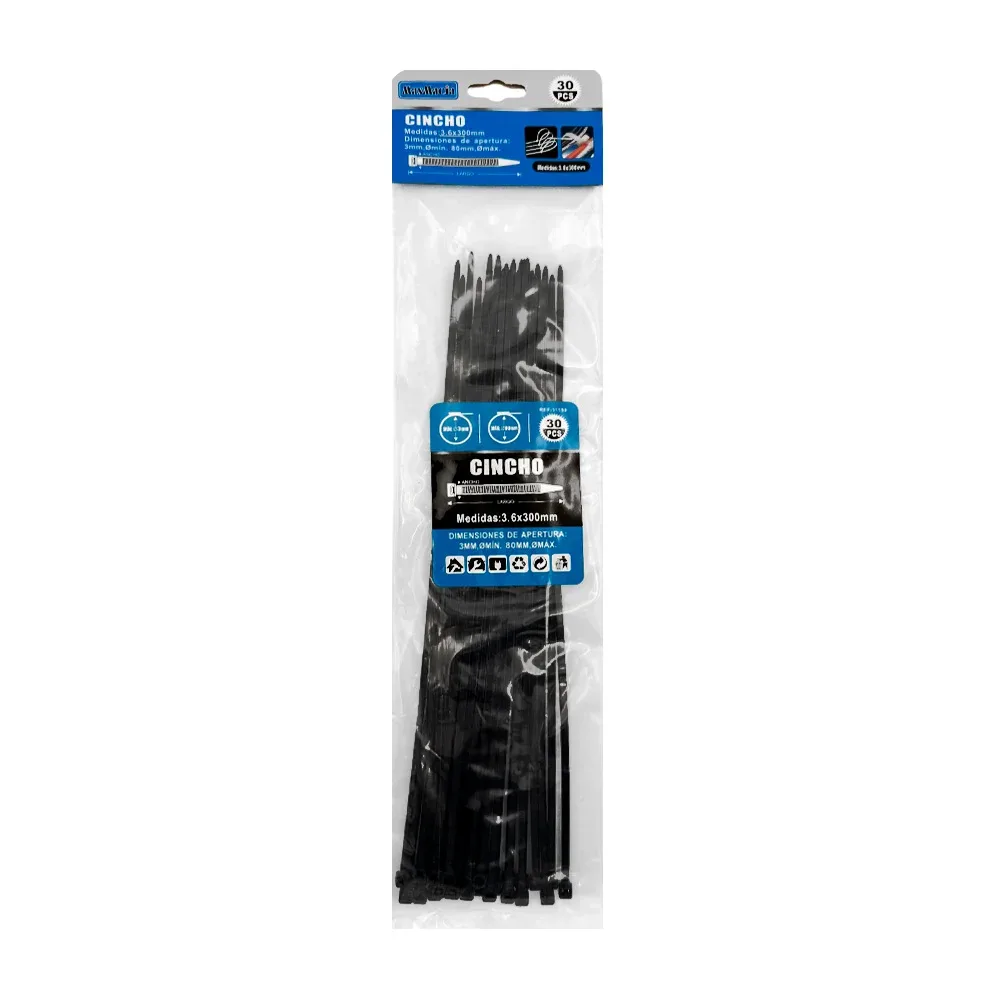 Paquete con 30 cinchos en color negro maxmacia con medidas de 3.6x300mm / 11159