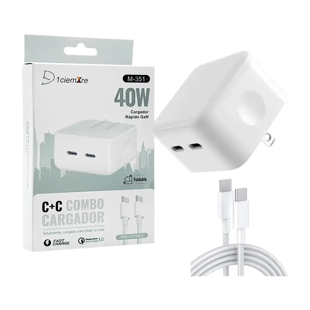 Combo cargador d1ciemzre de 40w con 2 puertos tipo c + cable tipo c a tipo c