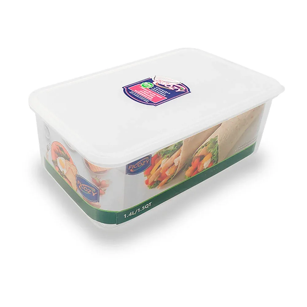 Tupper transparente rectangular de plástico, tapa de silicón, capacidad de 1.4l