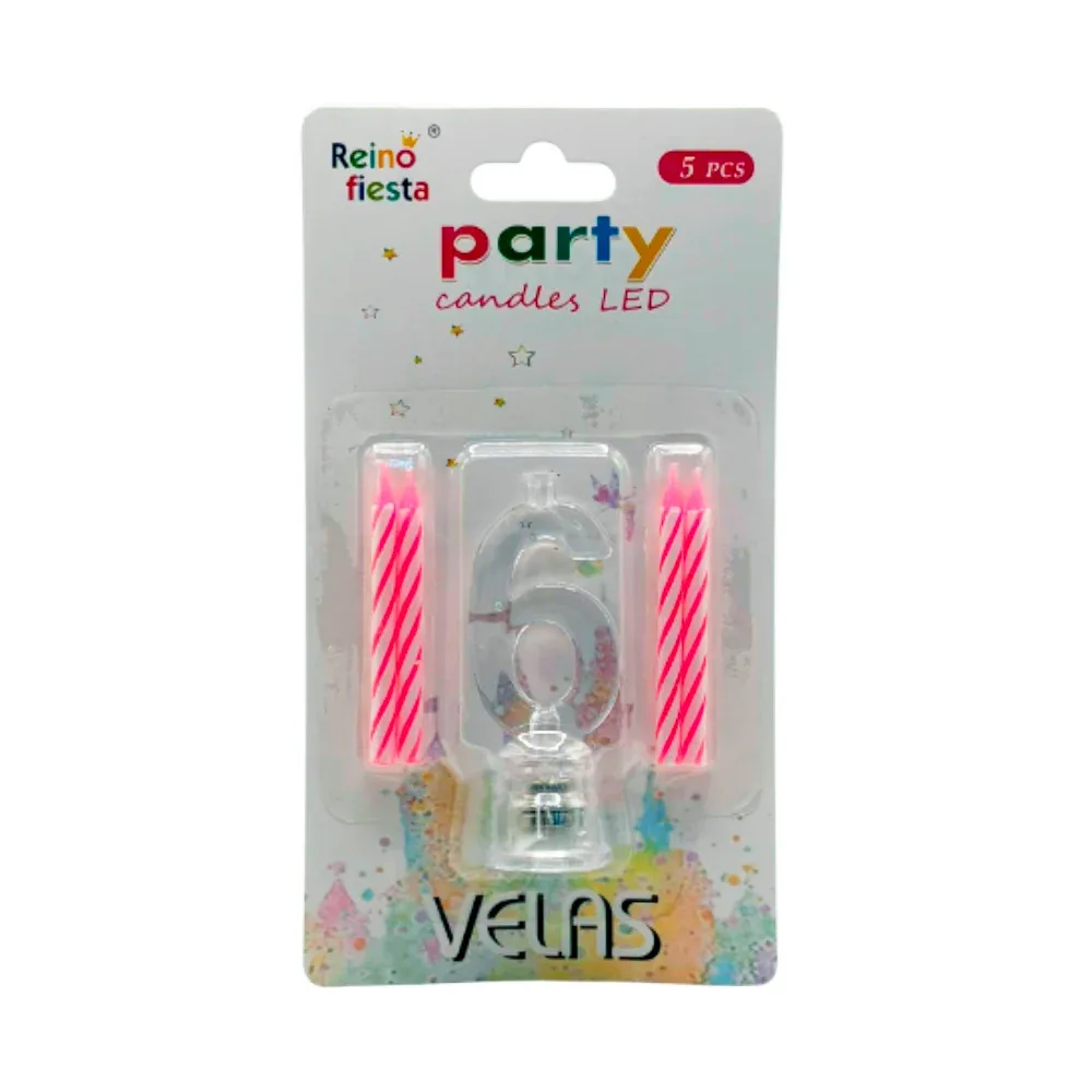 Portavelas número 6 transparente led + 4 mini velas / 50463