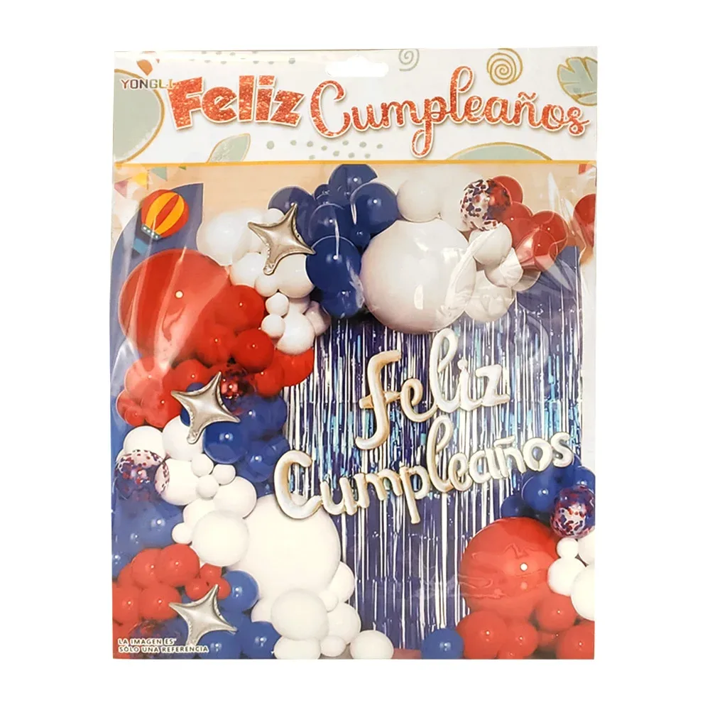 Kit decorativo feliz cumpleaños de 66 pz, en tonos azul, blanco, rojo + cortina