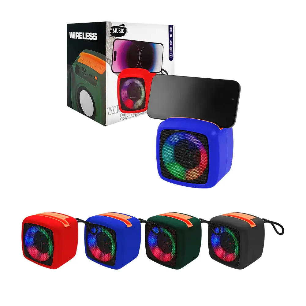 Bocina cuadrada inalámbrica con luz rgb y soporte para celular + correa