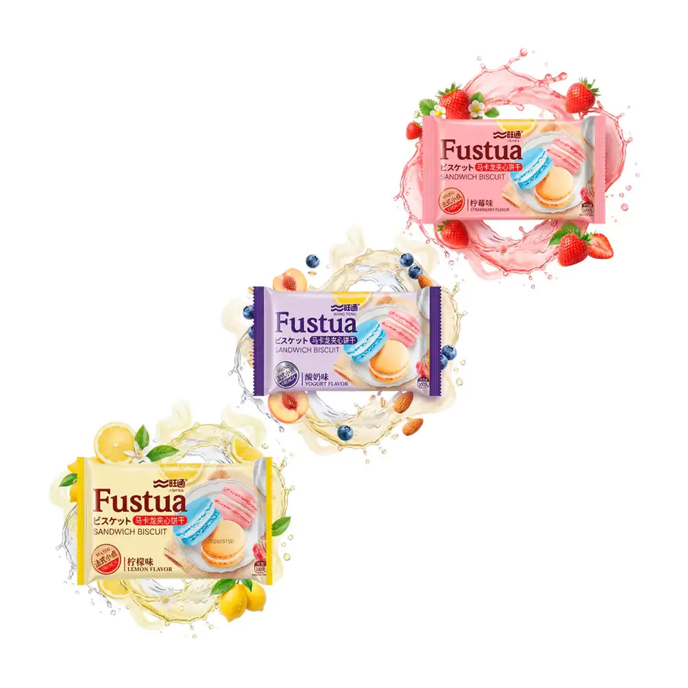 Paquete fustua macarons, galleta francesa tipo sándwich con relleno cremoso, 100g, variedad de sabores
