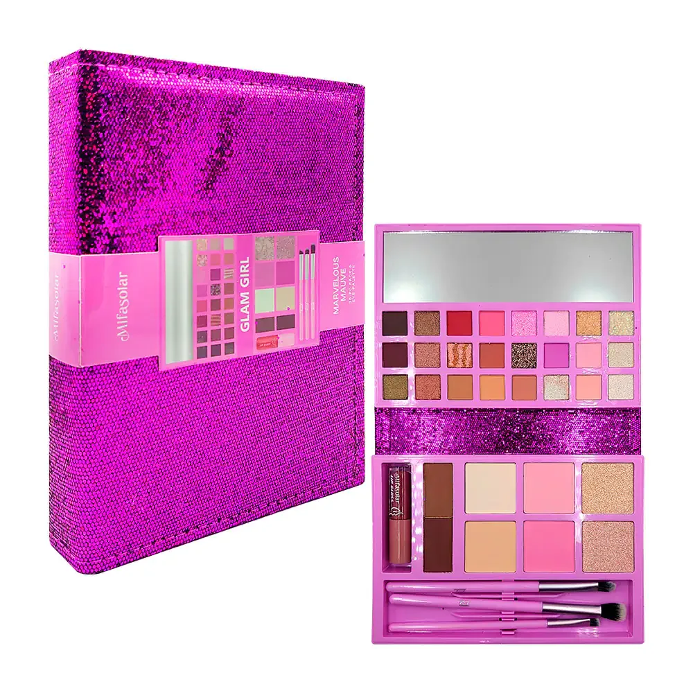 Estuche glam girl de glitter con sombras, 3 brochas y lip gloss, variedad