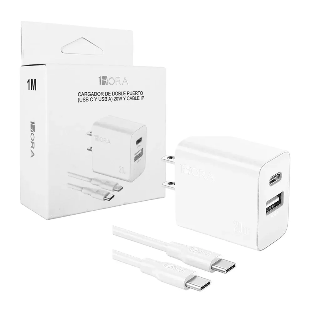 Combo cargador 1hora con cable lightning iphone y cubo con puerto usb y usb-c / pd20w