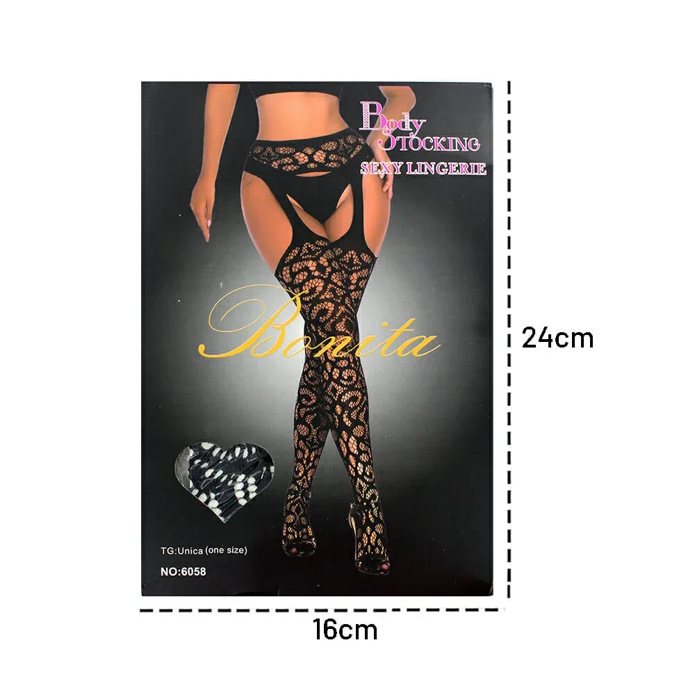 Lencería color negro para dama, malla pantimedia de red y liguero con diseño / bonita / 6058