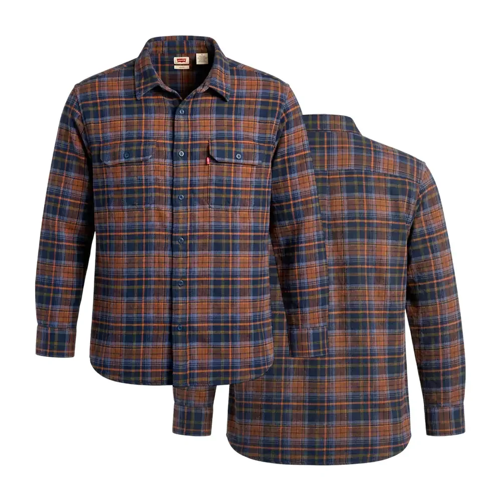 Camisa levis original de franela, cuadros chicos azul y naranja, variedad