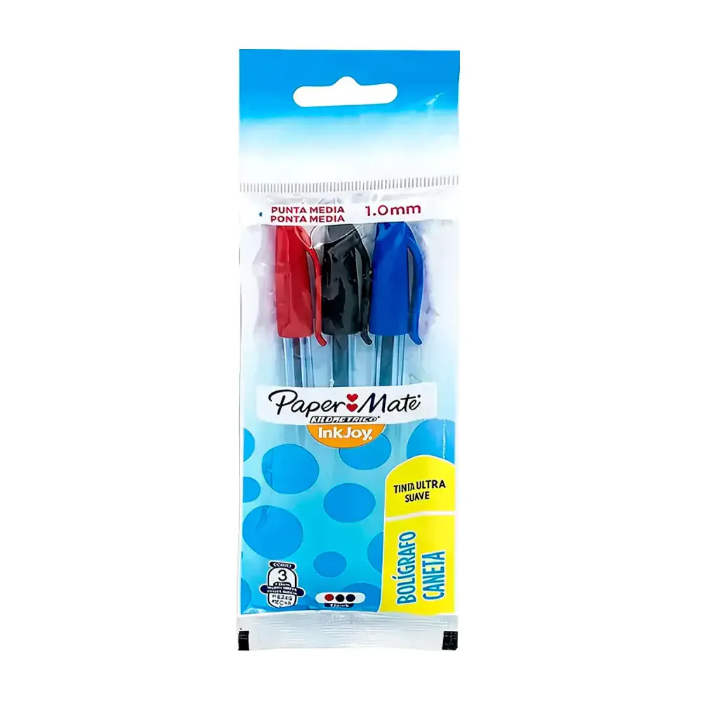 Paquete con 3 plumas paper mate con punta de 1mm, variedad de colores