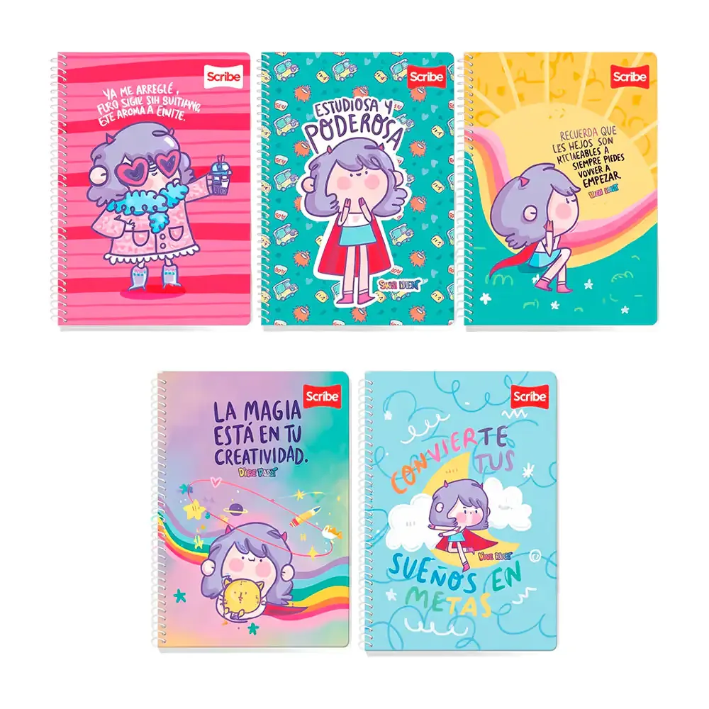 Cuaderno - libreta scribe con 90 hojas de raya y espiral, estampado para chicas, variedad
