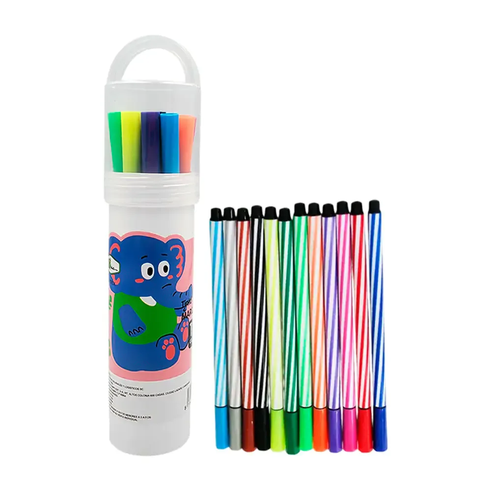 Estuche redondo con asa y 12 plumones de punta delgada, variedad de colores