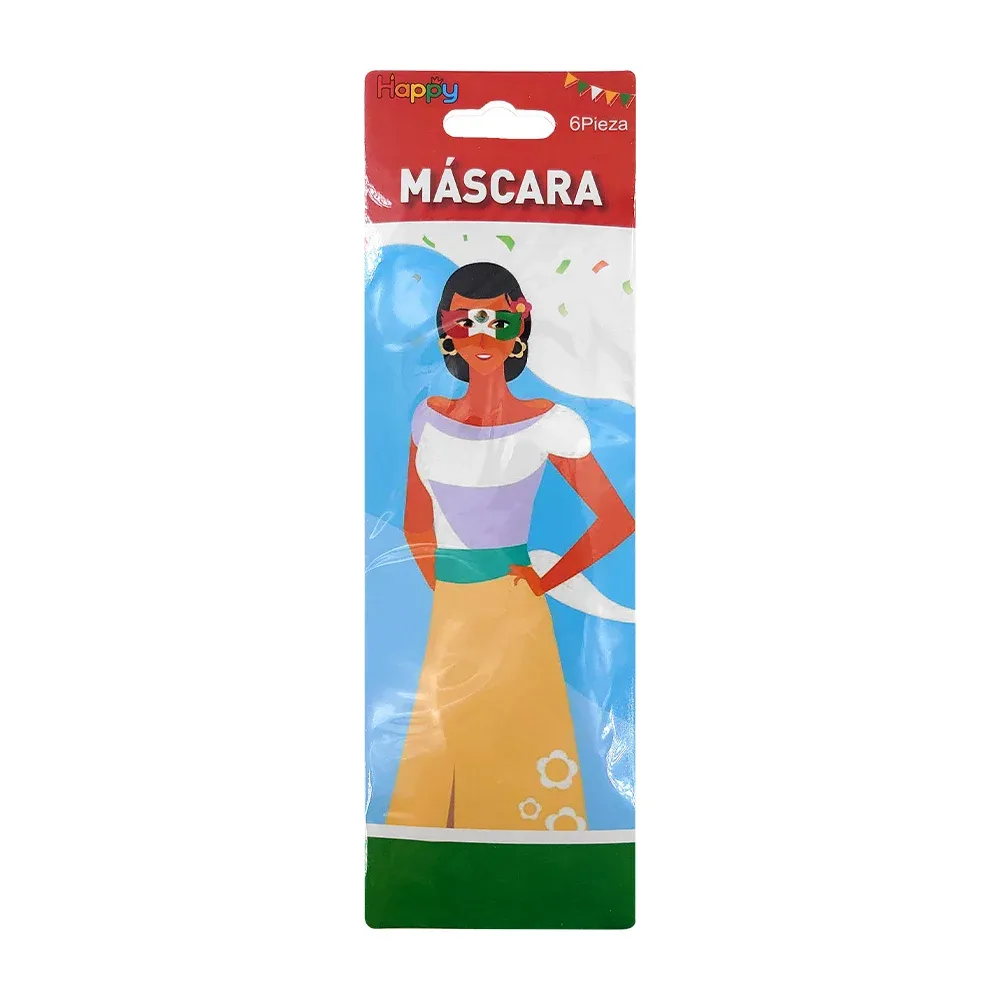 Paquete con 6 máscaras antifaz tricolor con elástico y diseño estampado del escudo mexicano / gq-37