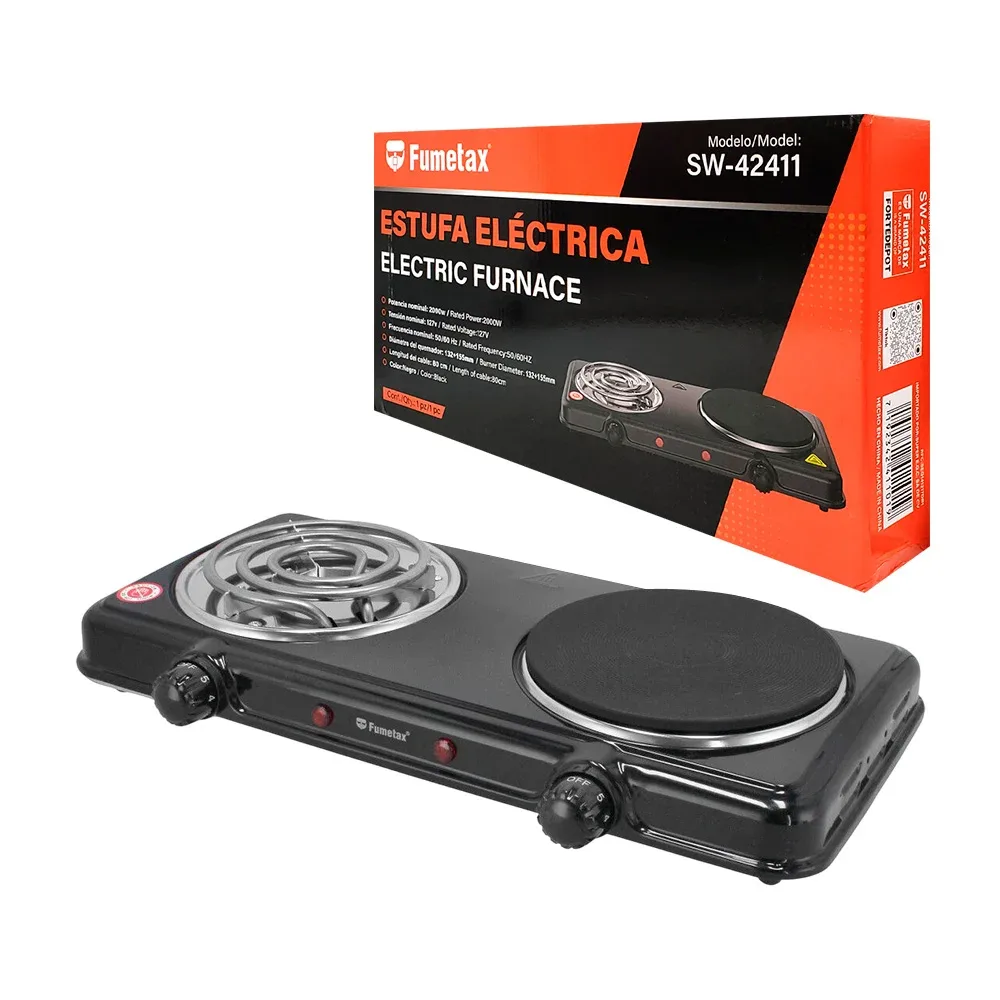 Estufa eléctrica portátil fumetax con 2 quemadores, color negro, 2000w - 127v