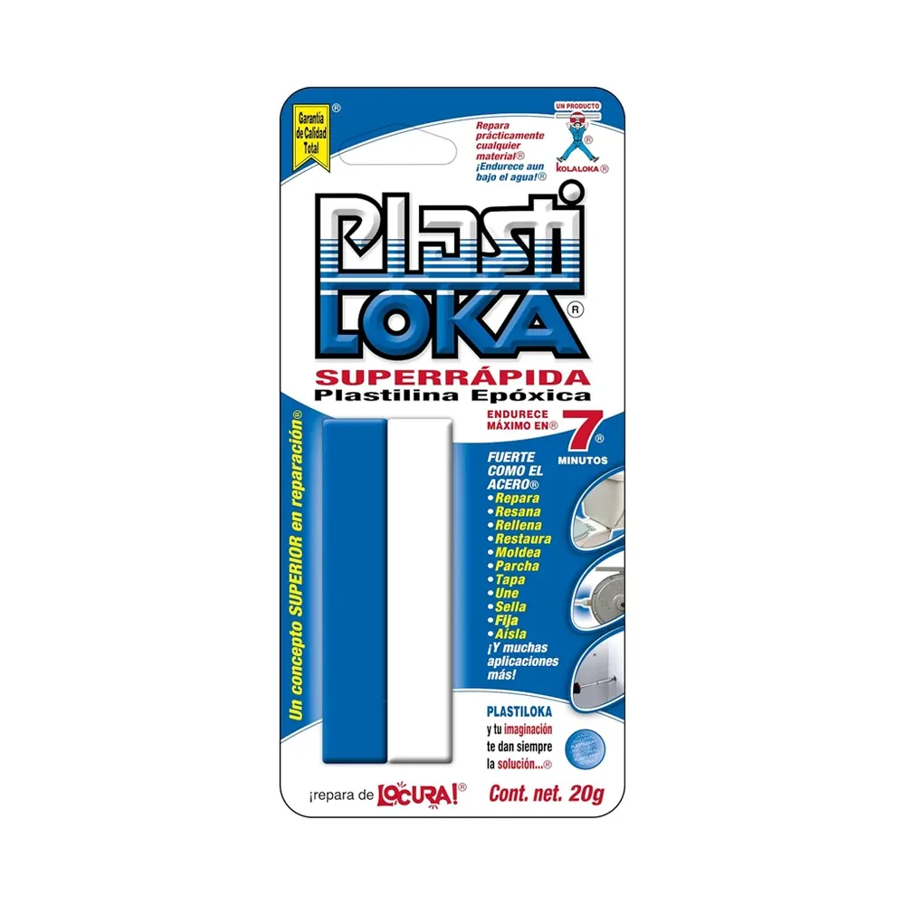 Plastilina epóxica super rápida plasti loka multiusos de color azul y blanco, 20g