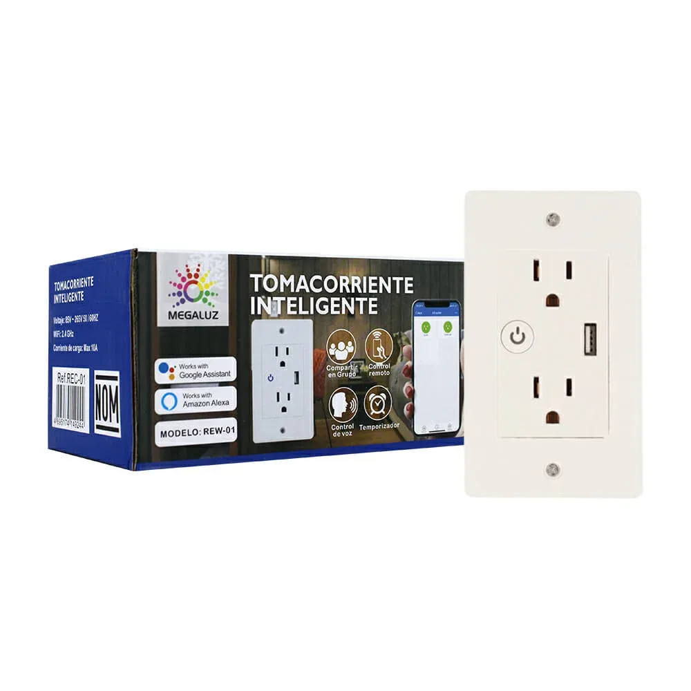 Enchufe de pared inteligente megaluz con 2 tomacorrientes y puerto usb / rew-01