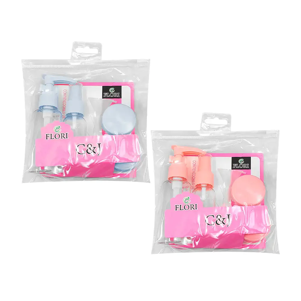 Kit para viaje c&j flori con 2 botellas dispensadoras, 2 mini frascos + palita