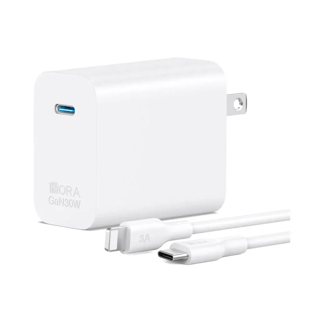 Combo cargador 1 hora, carga rápida 30w usb-c y cable tipo c a lighting