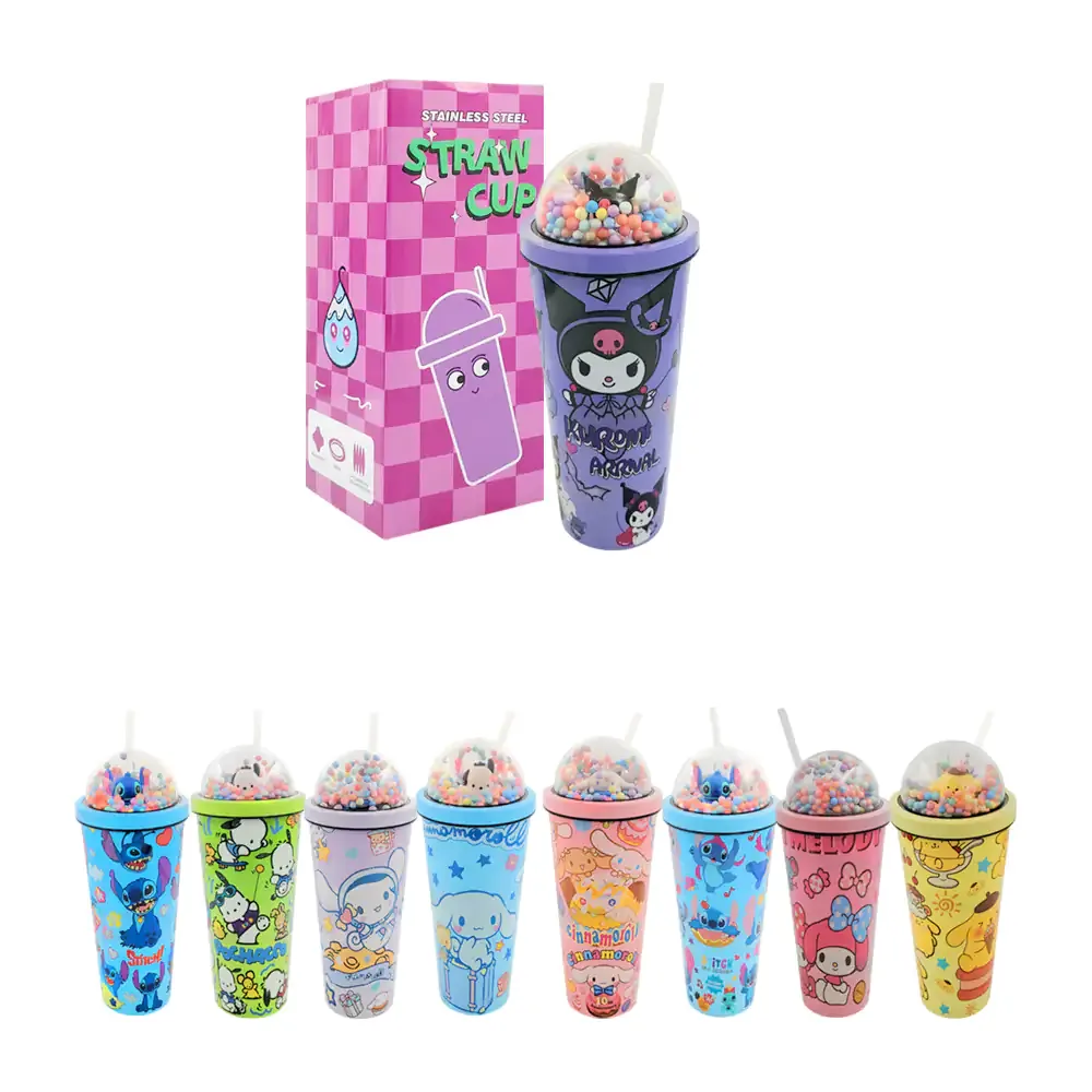 Termo de acero inoxidable con figura encapsulada de personaje + bolitas y luz