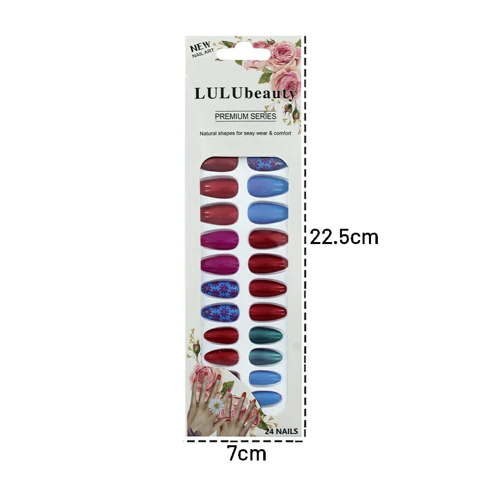 Caja con 24 uñas postizas para dama, variedad de diseños y colores / lulu beuaty / 9024 / d21-13