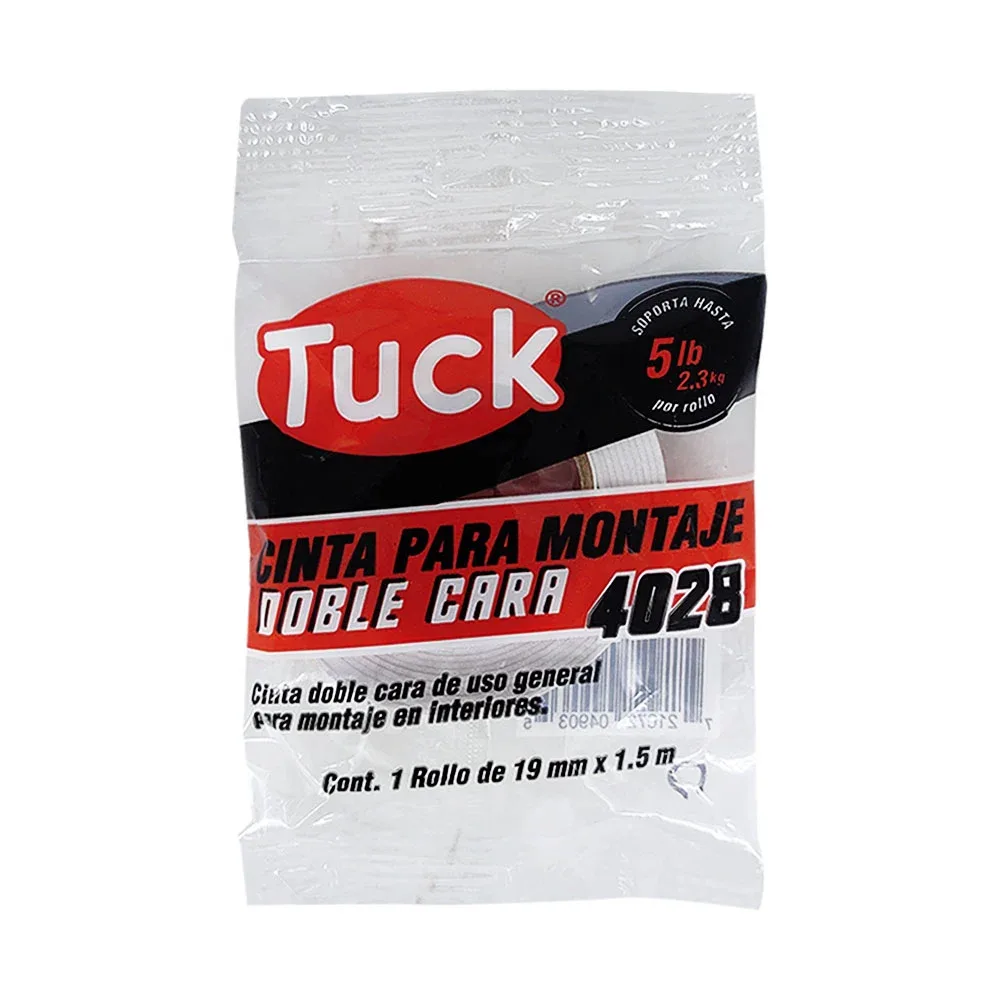 Cinta adhesiva tuck doble cara de uso general con 1.5m y 1.9cm de ancho, para montaje en interiores soporta 2.3kg / 049035 /422800