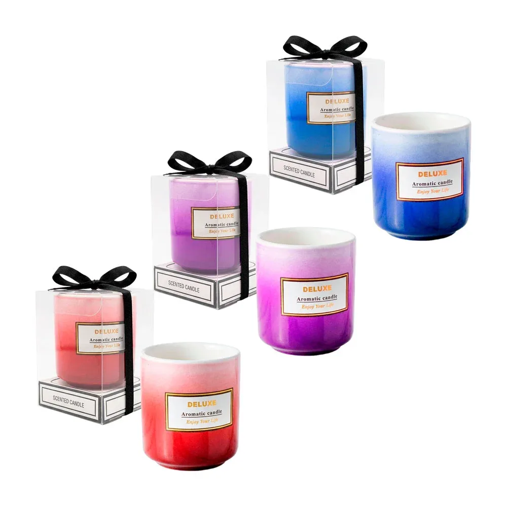 Vela deluxe aromática, vaso de cerámica en color degradado, variedad de aromas