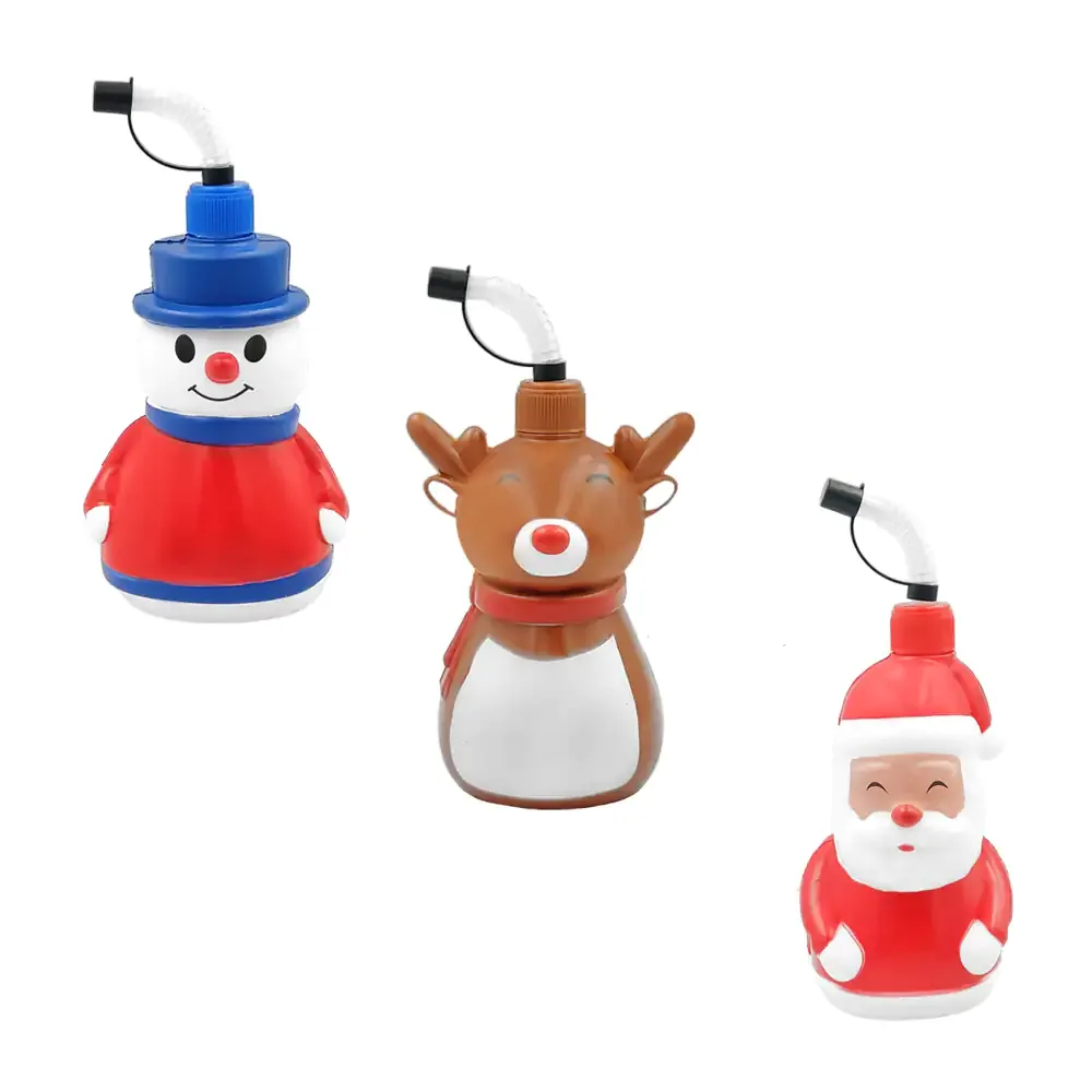 Botella de plástico con forma de figura navideña 3d + popote, variedad de diseños y colores / lu88859